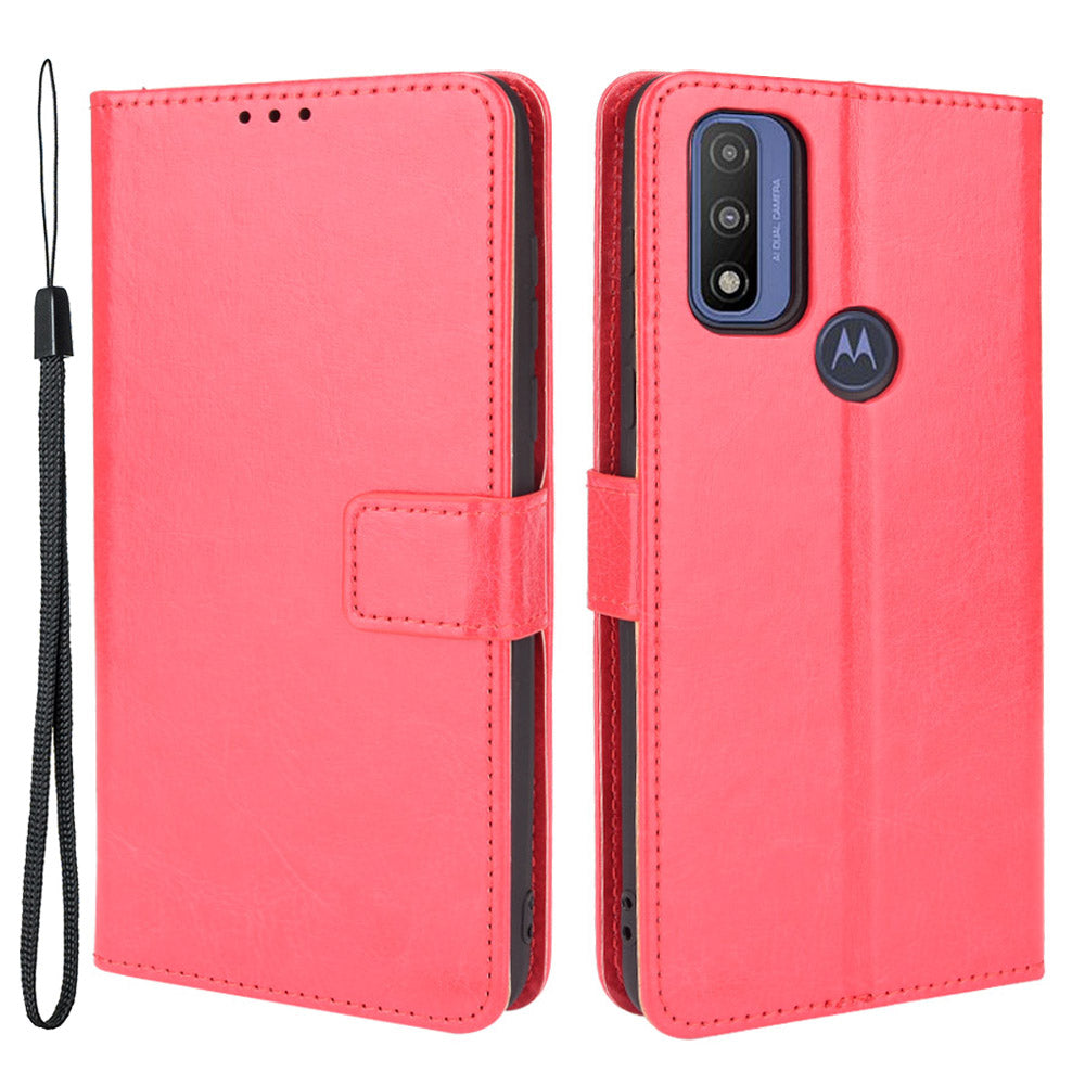 Stand Book Design Crazy Horse Texture PU Flip Folio Wallet Phone Case with Strap for Motorola G Pure