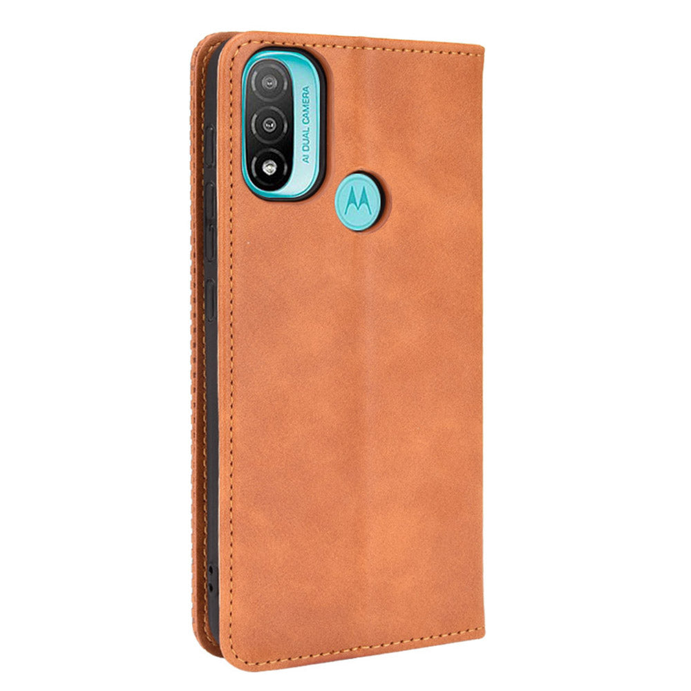 Practical Wallet Stand Cover Retro Textured Surface Anti-Drop Phone Leather Case for Motorola Moto E20