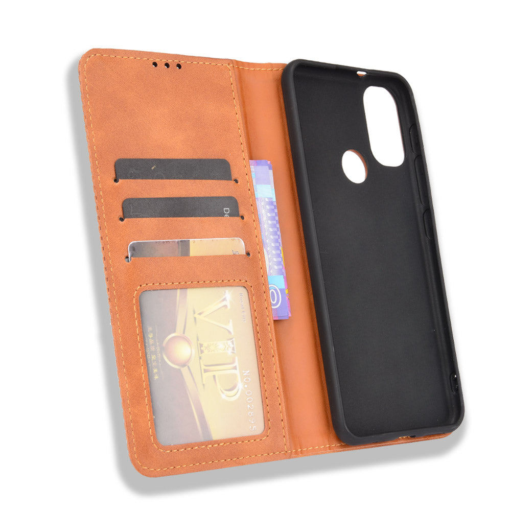 Practical Wallet Stand Cover Retro Textured Surface Anti-Drop Phone Leather Case for Motorola Moto E20