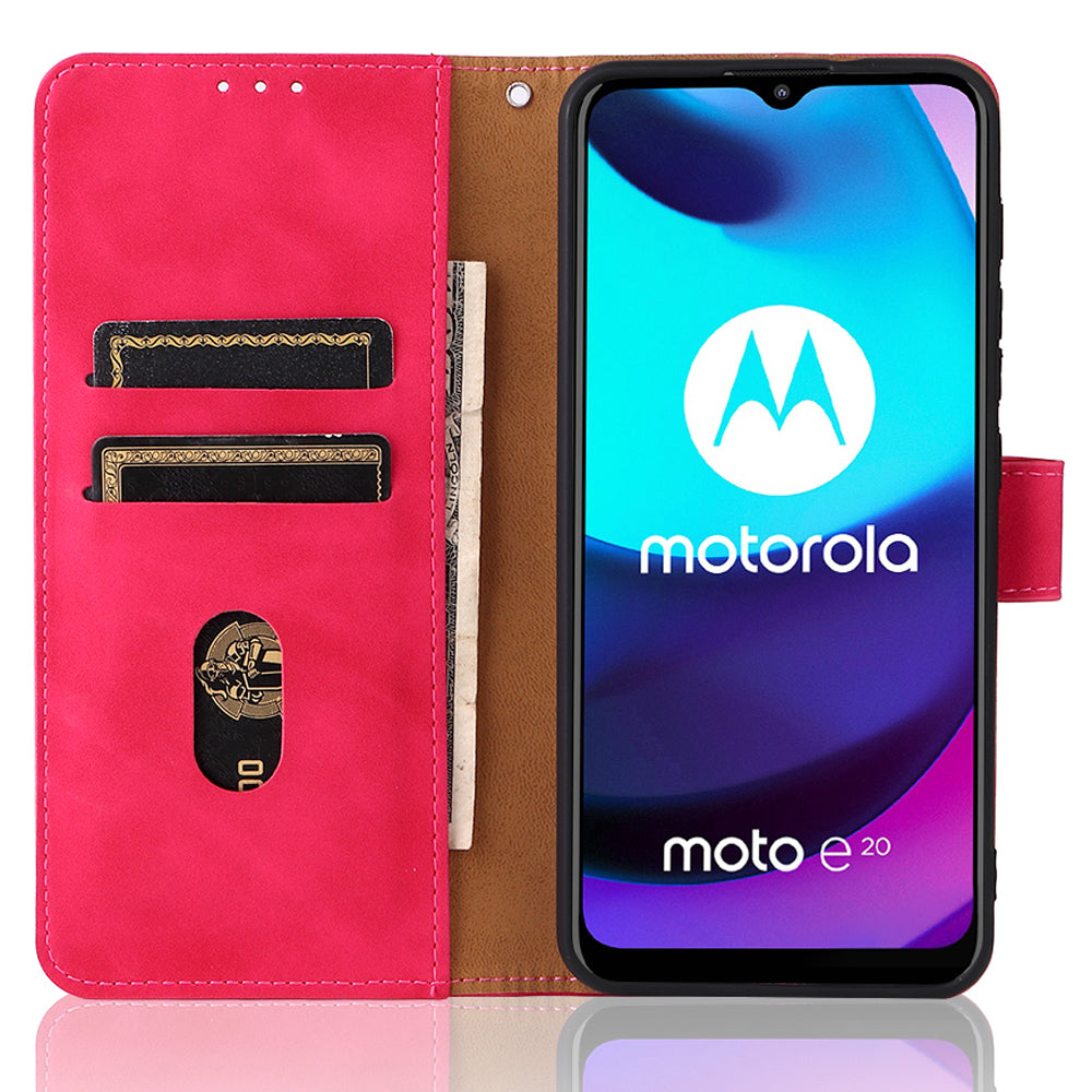 PU Leather Wallet Phone Case Skin-touch Feeling Flip Stand Protective Cover with Strap for Motorola Moto E20