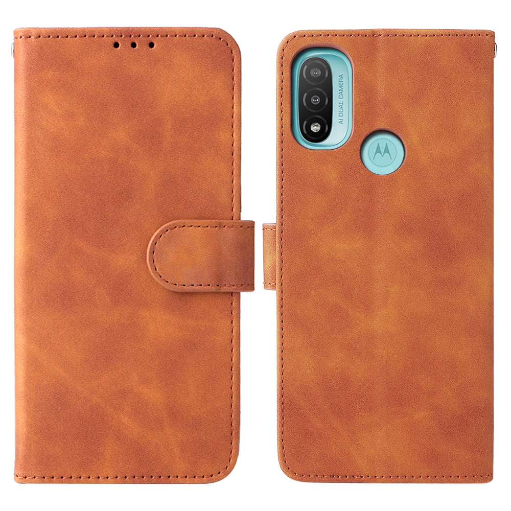 PU Leather Wallet Phone Case Skin-touch Feeling Flip Stand Protective Cover with Strap for Motorola Moto E20