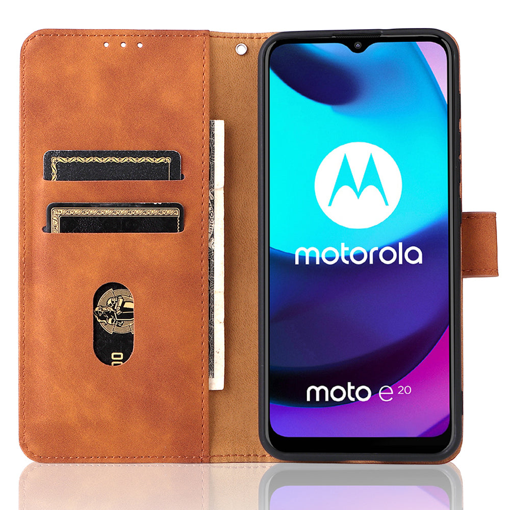 PU Leather Wallet Phone Case Skin-touch Feeling Flip Stand Protective Cover with Strap for Motorola Moto E20