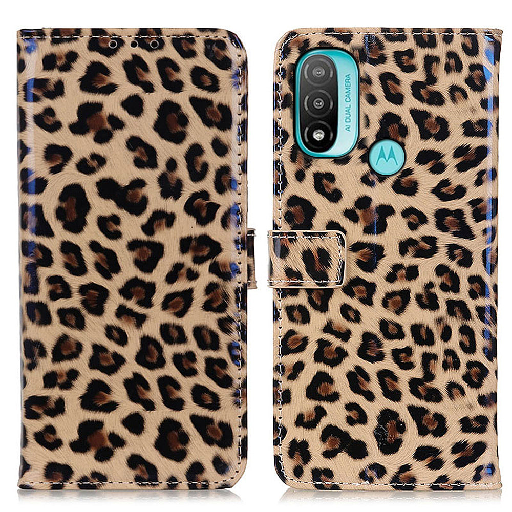 Leopard Pattern Stand Magnetic Closure PU Leather Wallet Flip Full-Body Protective Cover for Motorola Moto E20 / E30 / E40