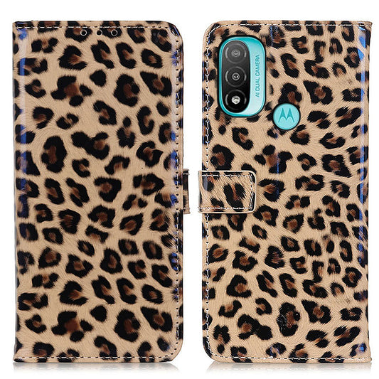 Leopard Pattern Stand Magnetic Closure PU Leather Wallet Flip Full-Body Protective Cover for Motorola Moto E20 / E30 / E40