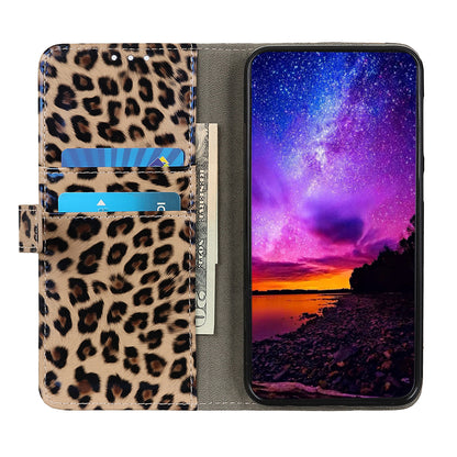 Leopard Pattern Stand Magnetic Closure PU Leather Wallet Flip Full-Body Protective Cover for Motorola Moto E20 / E30 / E40