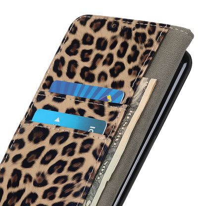 Leopard Pattern Stand Magnetic Closure PU Leather Wallet Flip Full-Body Protective Cover for Motorola Moto E20 / E30 / E40