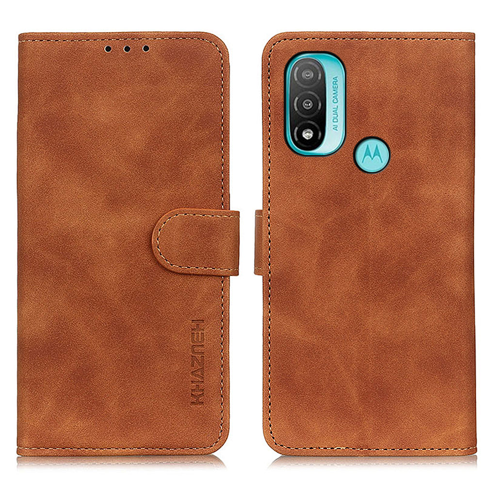 KHAZNEH Hands-Free Stand Vintage PU Leather Wallet Magnetic Closure Shockproof Flip Folio Case for Motorola Moto E20 / E30 / E40