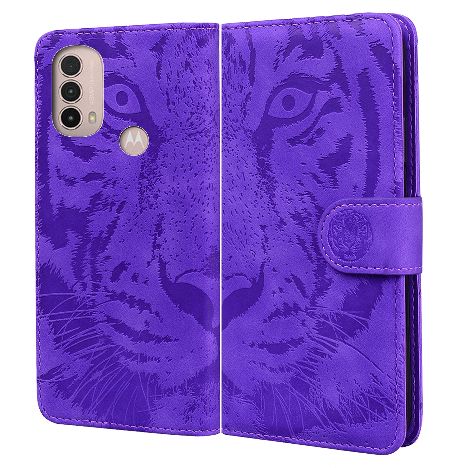 Tiger Imprinted PU Leather Mobile Phone Protective Case Cover with Wallet Stand for Motorola Moto E20/E30/E40