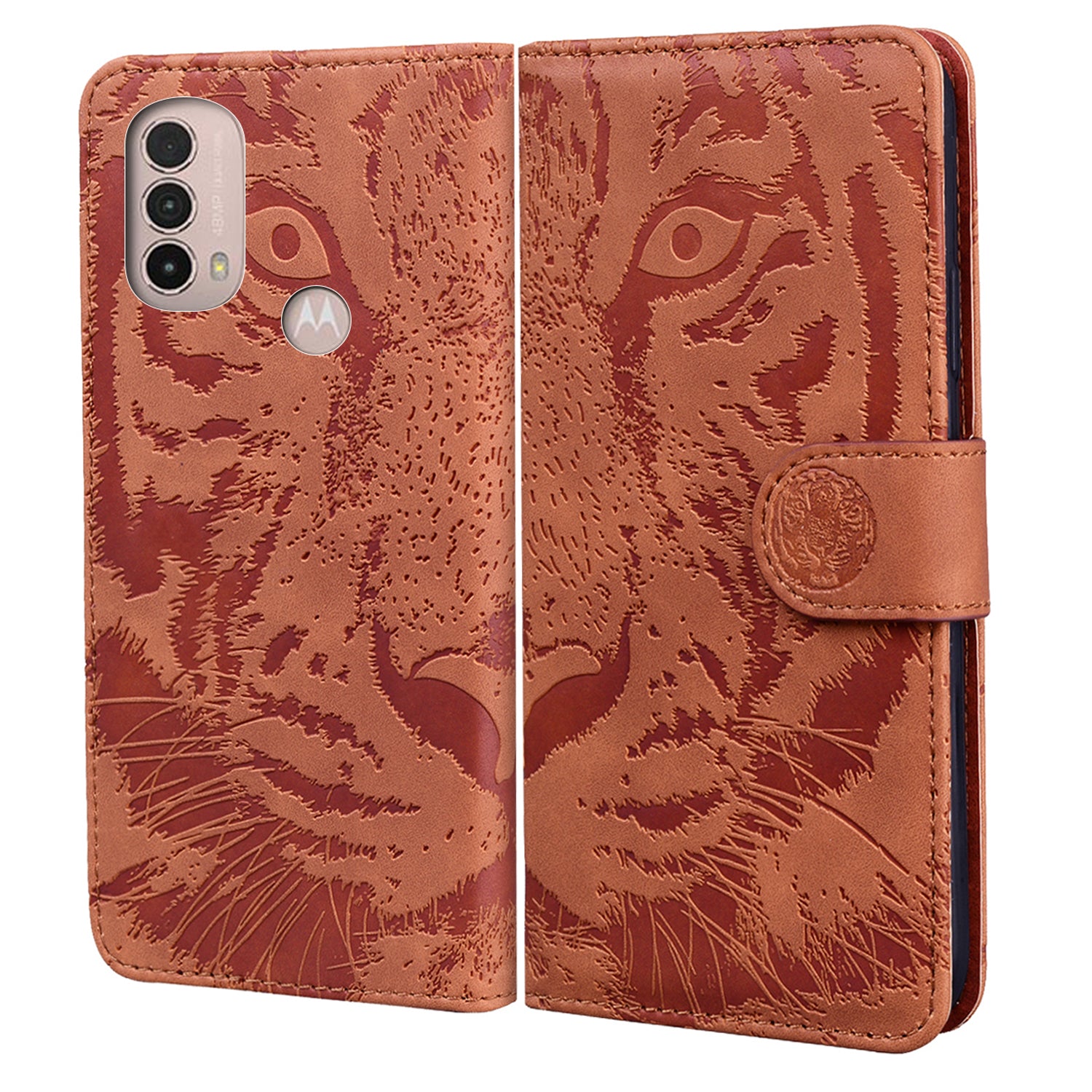 Tiger Imprinted PU Leather Mobile Phone Protective Case Cover with Wallet Stand for Motorola Moto E20/E30/E40