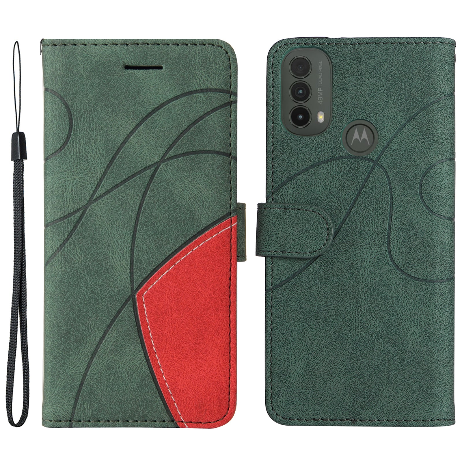 KT Leather Series-1 Dual-color Splicing Shockproof PU Leather Case for Motorola Moto E20/E30/E40, Wallet Stand Protective Cover with Hand Strap