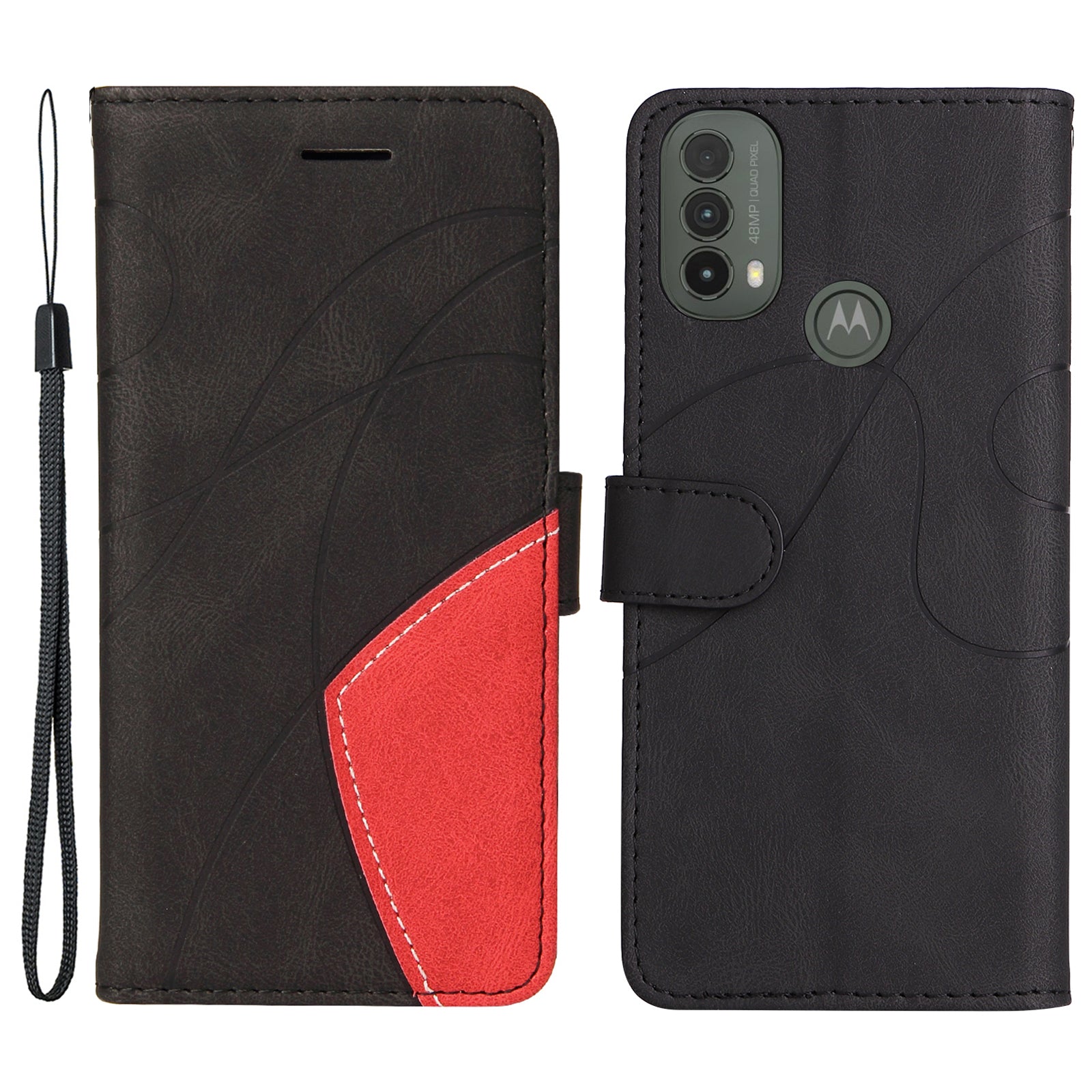 KT Leather Series-1 Dual-color Splicing Shockproof PU Leather Case for Motorola Moto E20/E30/E40, Wallet Stand Protective Cover with Hand Strap