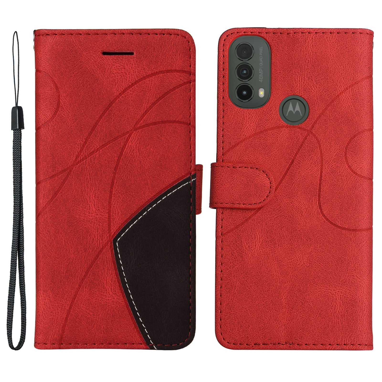 KT Leather Series-1 Dual-color Splicing Shockproof PU Leather Case for Motorola Moto E20/E30/E40, Wallet Stand Protective Cover with Hand Strap