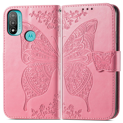 Butterfly Flower Imprinted PU Leather + TPU Shockproof Phone Case Magnetic Clasp Flip Stand Cover with Strap for Motorola Moto E20