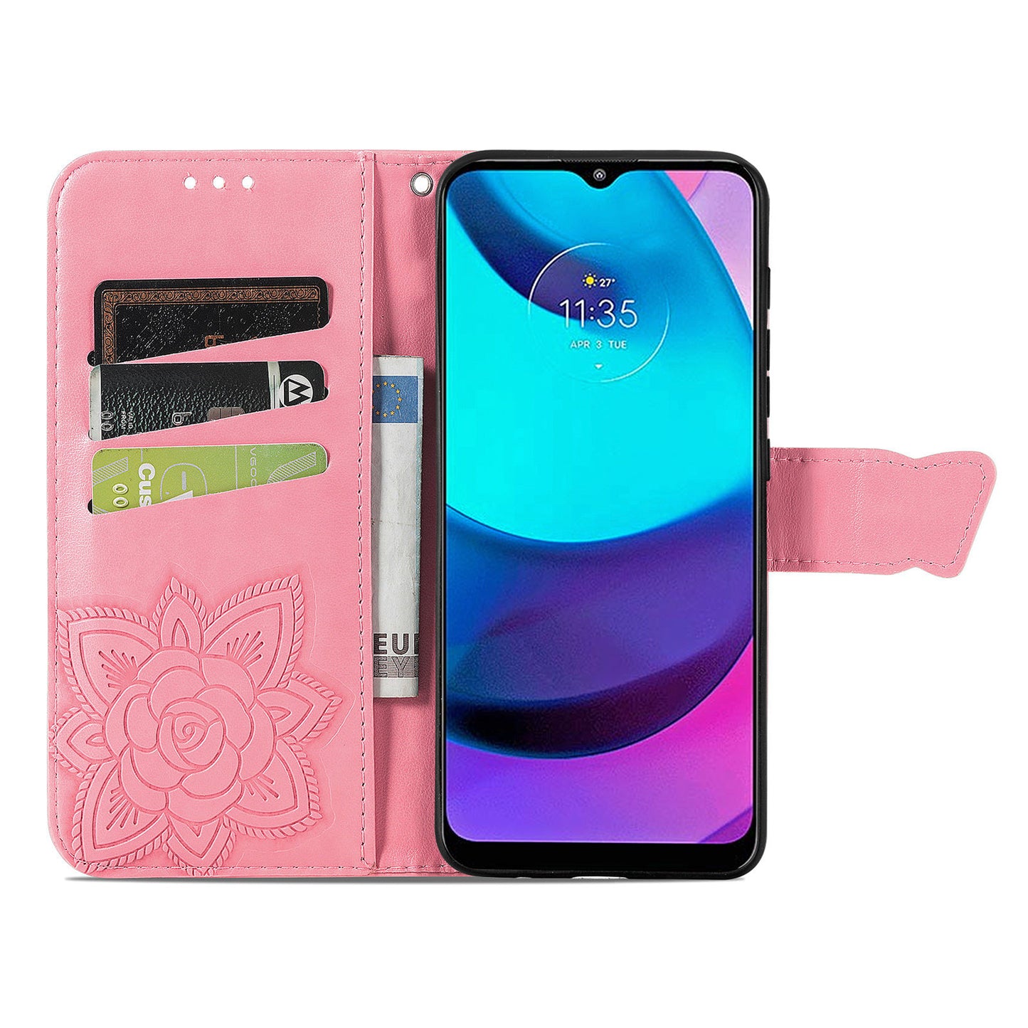 Butterfly Flower Imprinted PU Leather + TPU Shockproof Phone Case Magnetic Clasp Flip Stand Cover with Strap for Motorola Moto E20