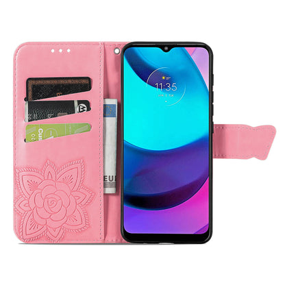 Butterfly Flower Imprinted PU Leather + TPU Shockproof Phone Case Magnetic Clasp Flip Stand Cover with Strap for Motorola Moto E20