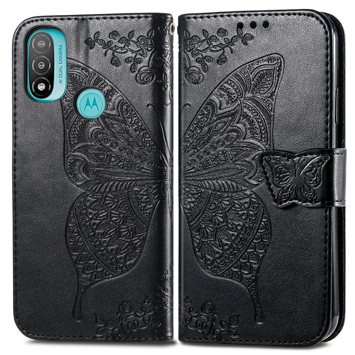 Butterfly Flower Imprinted PU Leather + TPU Shockproof Phone Case Magnetic Clasp Flip Stand Cover with Strap for Motorola Moto E20