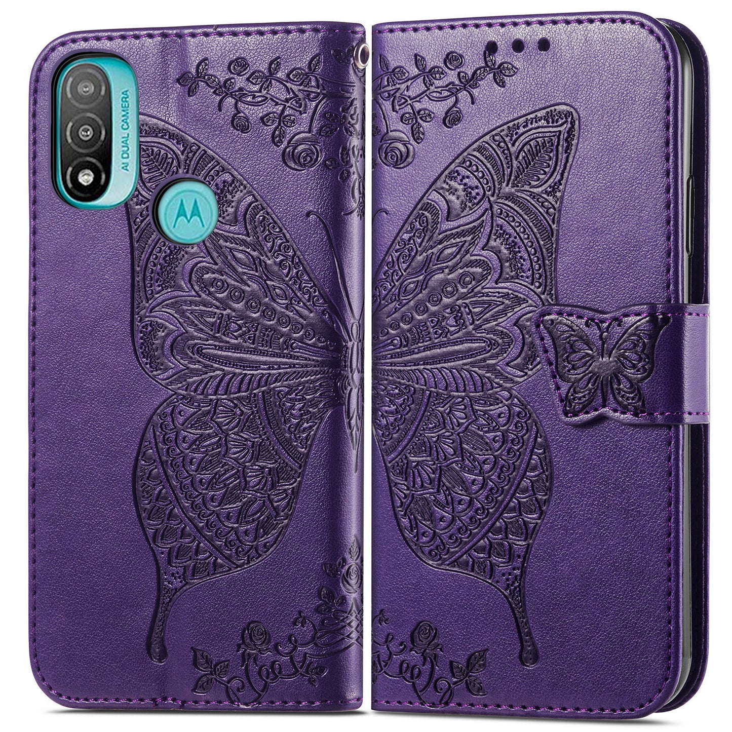 Butterfly Flower Imprinted PU Leather + TPU Shockproof Phone Case Magnetic Clasp Flip Stand Cover with Strap for Motorola Moto E20