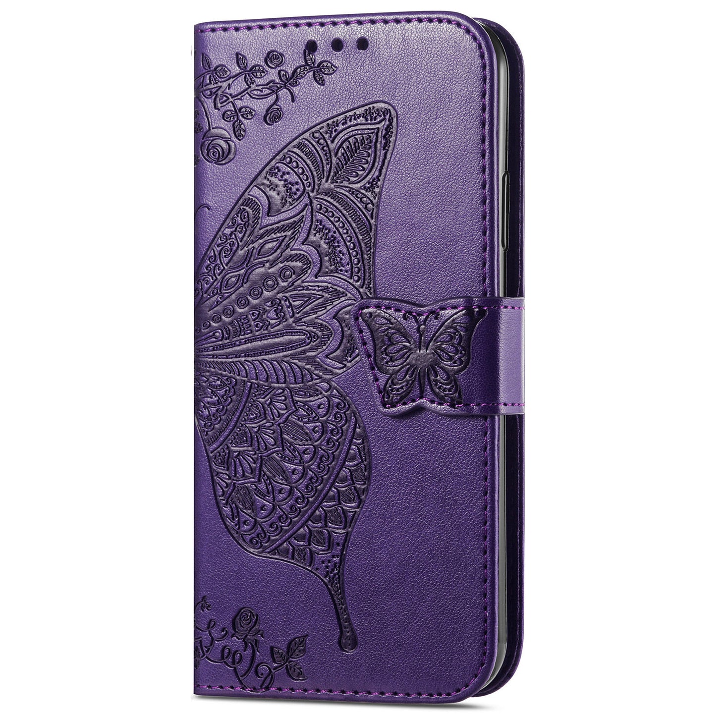 Butterfly Flower Imprinted PU Leather + TPU Shockproof Phone Case Magnetic Clasp Flip Stand Cover with Strap for Motorola Moto E20