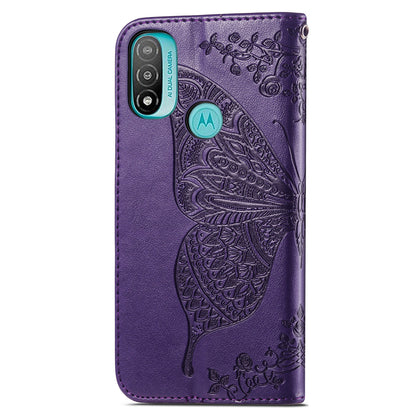 Butterfly Flower Imprinted PU Leather + TPU Shockproof Phone Case Magnetic Clasp Flip Stand Cover with Strap for Motorola Moto E20