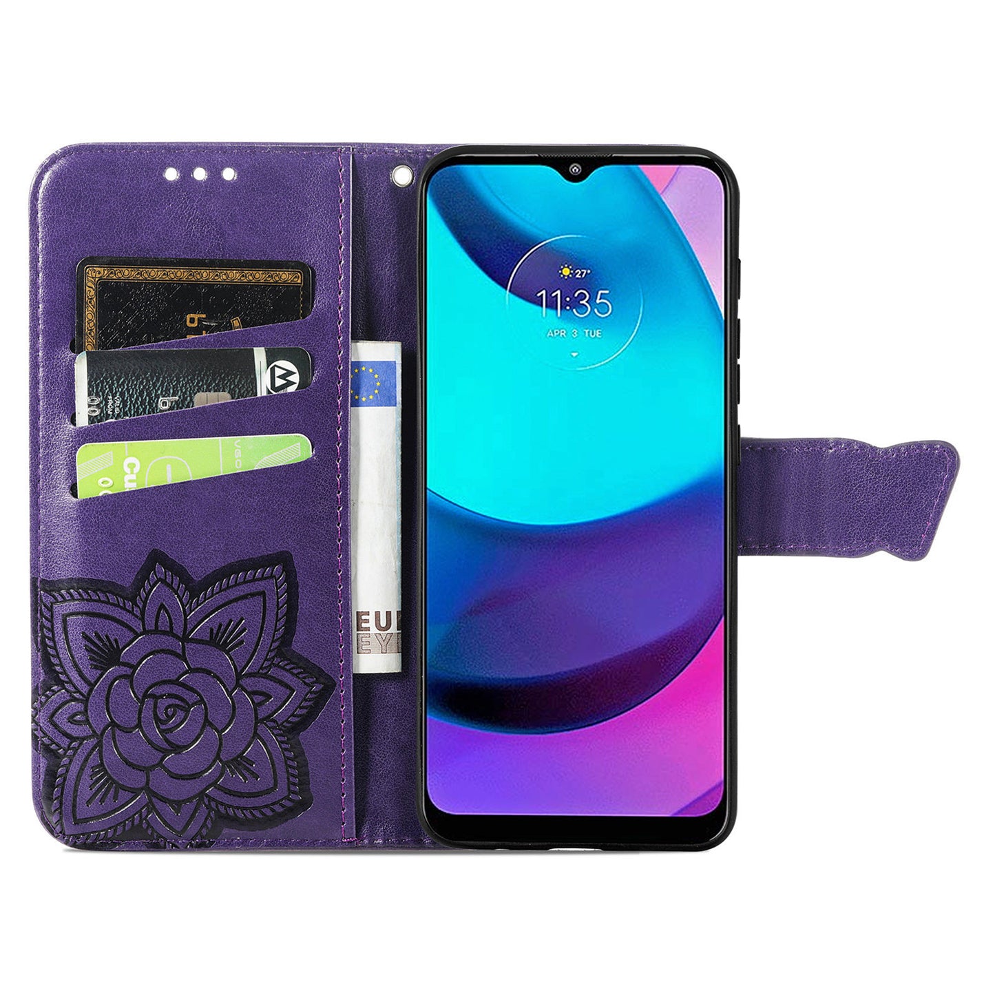 Butterfly Flower Imprinted PU Leather + TPU Shockproof Phone Case Magnetic Clasp Flip Stand Cover with Strap for Motorola Moto E20