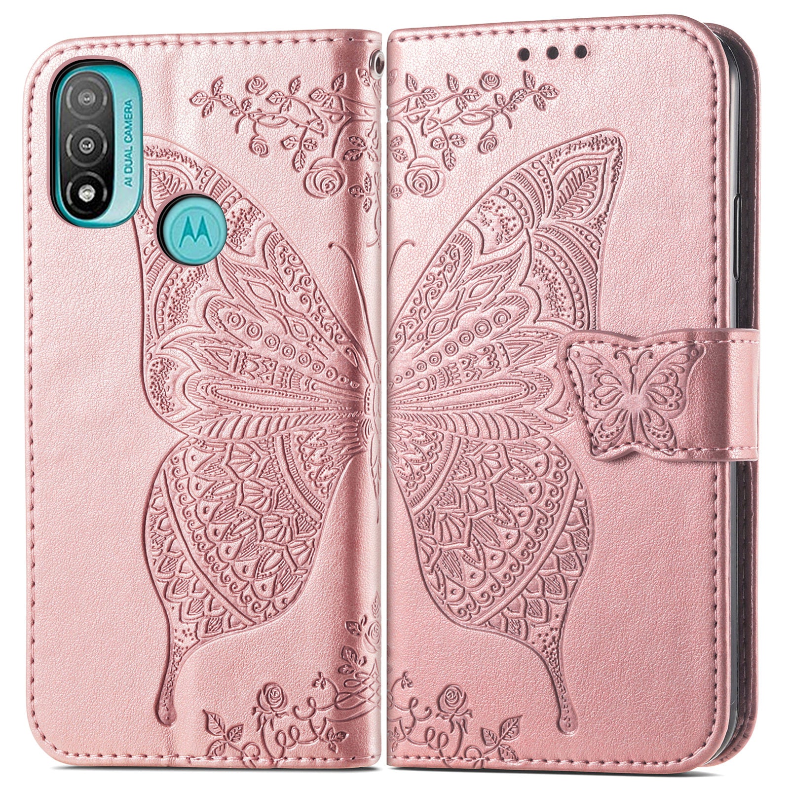 Butterfly Flower Imprinted PU Leather + TPU Shockproof Phone Case Magnetic Clasp Flip Stand Cover with Strap for Motorola Moto E20