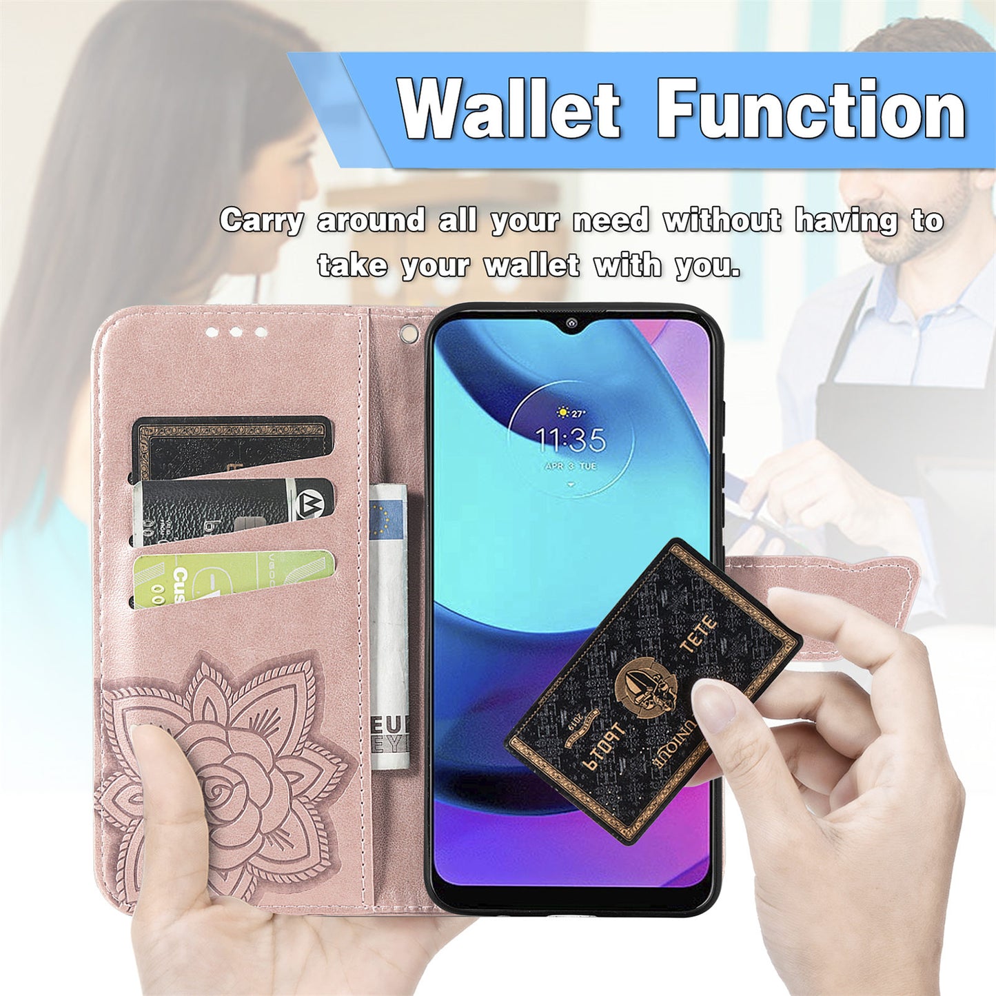 Butterfly Flower Imprinted PU Leather + TPU Shockproof Phone Case Magnetic Clasp Flip Stand Cover with Strap for Motorola Moto E20