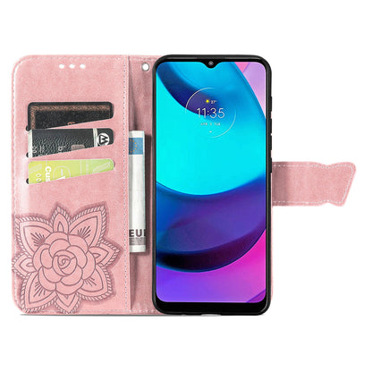 Butterfly Flower Imprinted PU Leather + TPU Shockproof Phone Case Magnetic Clasp Flip Stand Cover with Strap for Motorola Moto E20