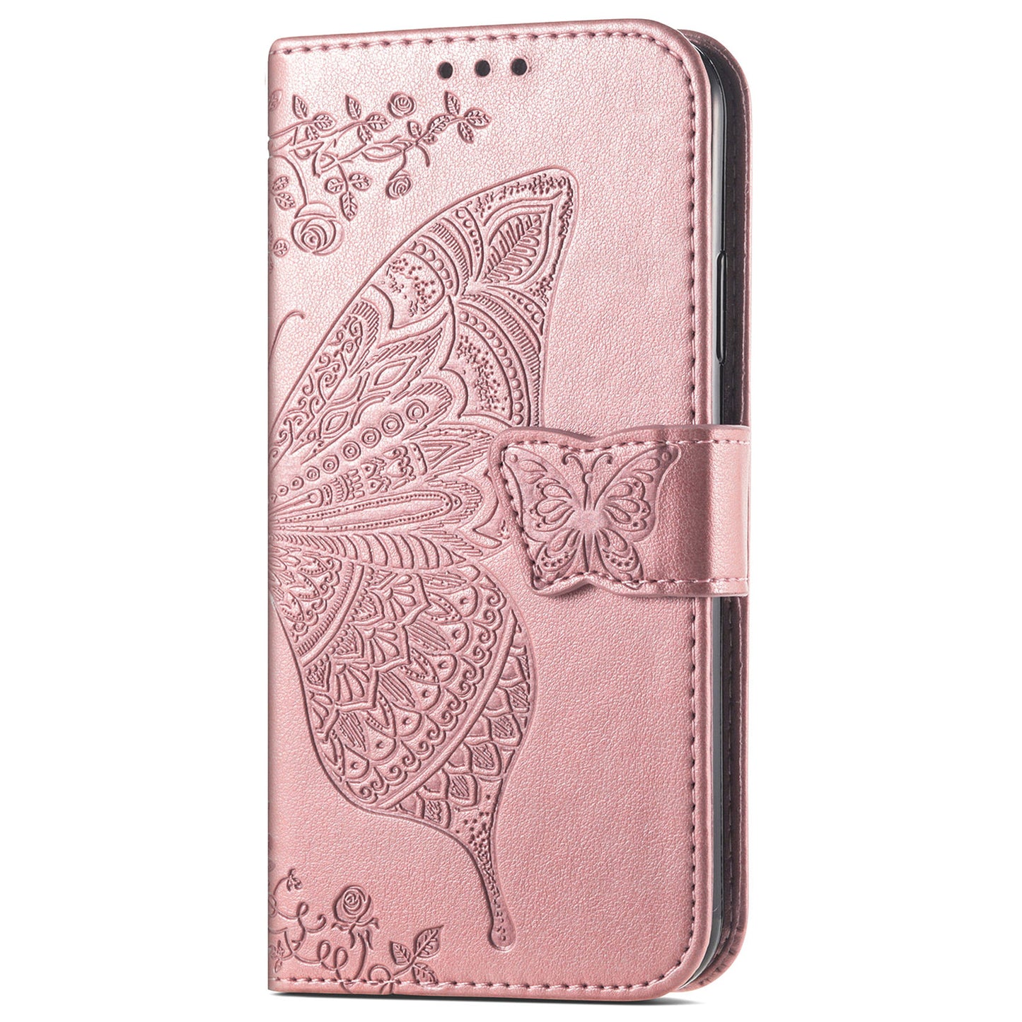 Butterfly Flower Imprinted PU Leather + TPU Shockproof Phone Case Magnetic Clasp Flip Stand Cover with Strap for Motorola Moto E20