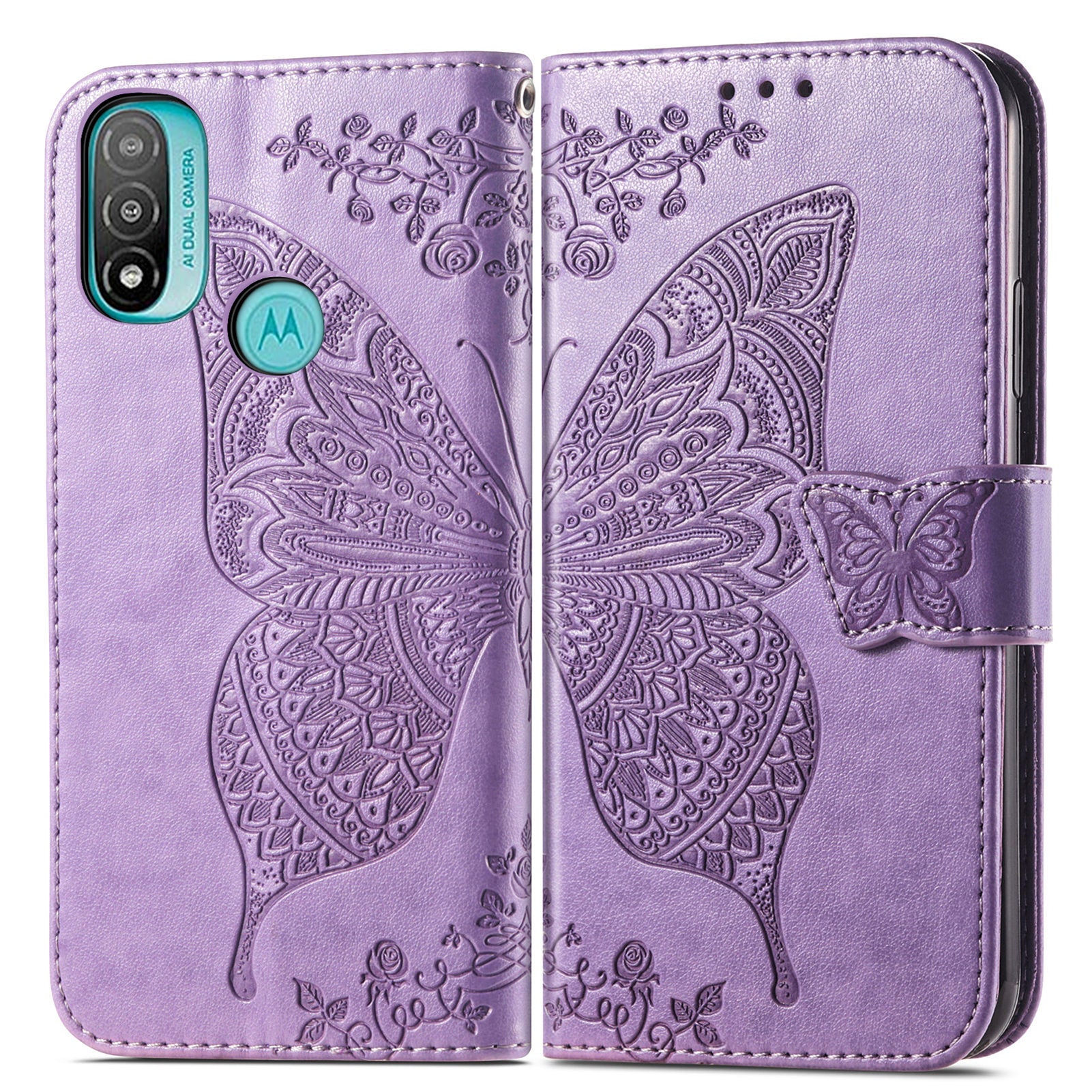 Butterfly Flower Imprinted PU Leather + TPU Shockproof Phone Case Magnetic Clasp Flip Stand Cover with Strap for Motorola Moto E20