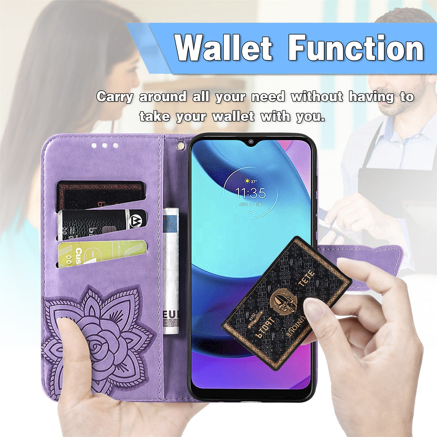 Butterfly Flower Imprinted PU Leather + TPU Shockproof Phone Case Magnetic Clasp Flip Stand Cover with Strap for Motorola Moto E20