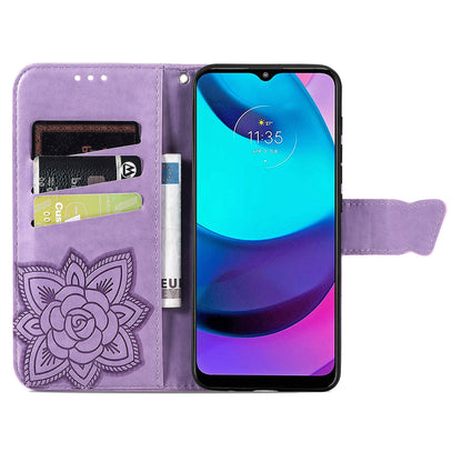 Butterfly Flower Imprinted PU Leather + TPU Shockproof Phone Case Magnetic Clasp Flip Stand Cover with Strap for Motorola Moto E20