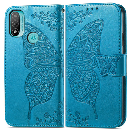 Butterfly Flower Imprinted PU Leather + TPU Shockproof Phone Case Magnetic Clasp Flip Stand Cover with Strap for Motorola Moto E20