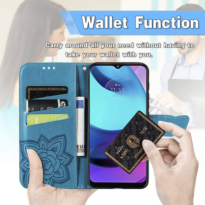 Butterfly Flower Imprinted PU Leather + TPU Shockproof Phone Case Magnetic Clasp Flip Stand Cover with Strap for Motorola Moto E20