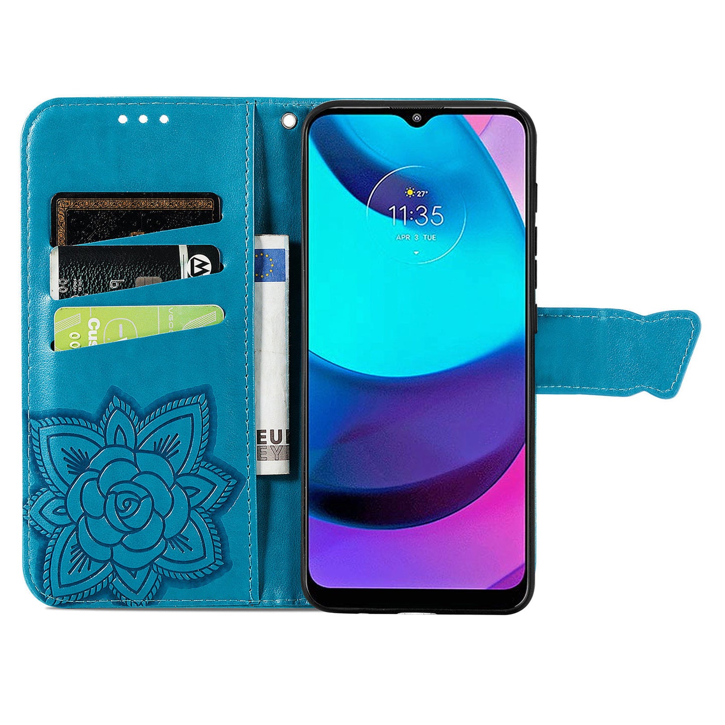 Butterfly Flower Imprinted PU Leather + TPU Shockproof Phone Case Magnetic Clasp Flip Stand Cover with Strap for Motorola Moto E20