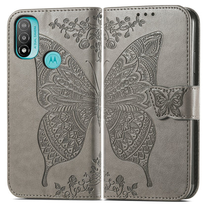 Butterfly Flower Imprinted PU Leather + TPU Shockproof Phone Case Magnetic Clasp Flip Stand Cover with Strap for Motorola Moto E20