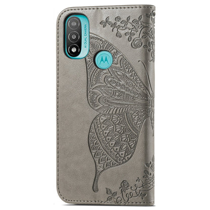 Butterfly Flower Imprinted PU Leather + TPU Shockproof Phone Case Magnetic Clasp Flip Stand Cover with Strap for Motorola Moto E20