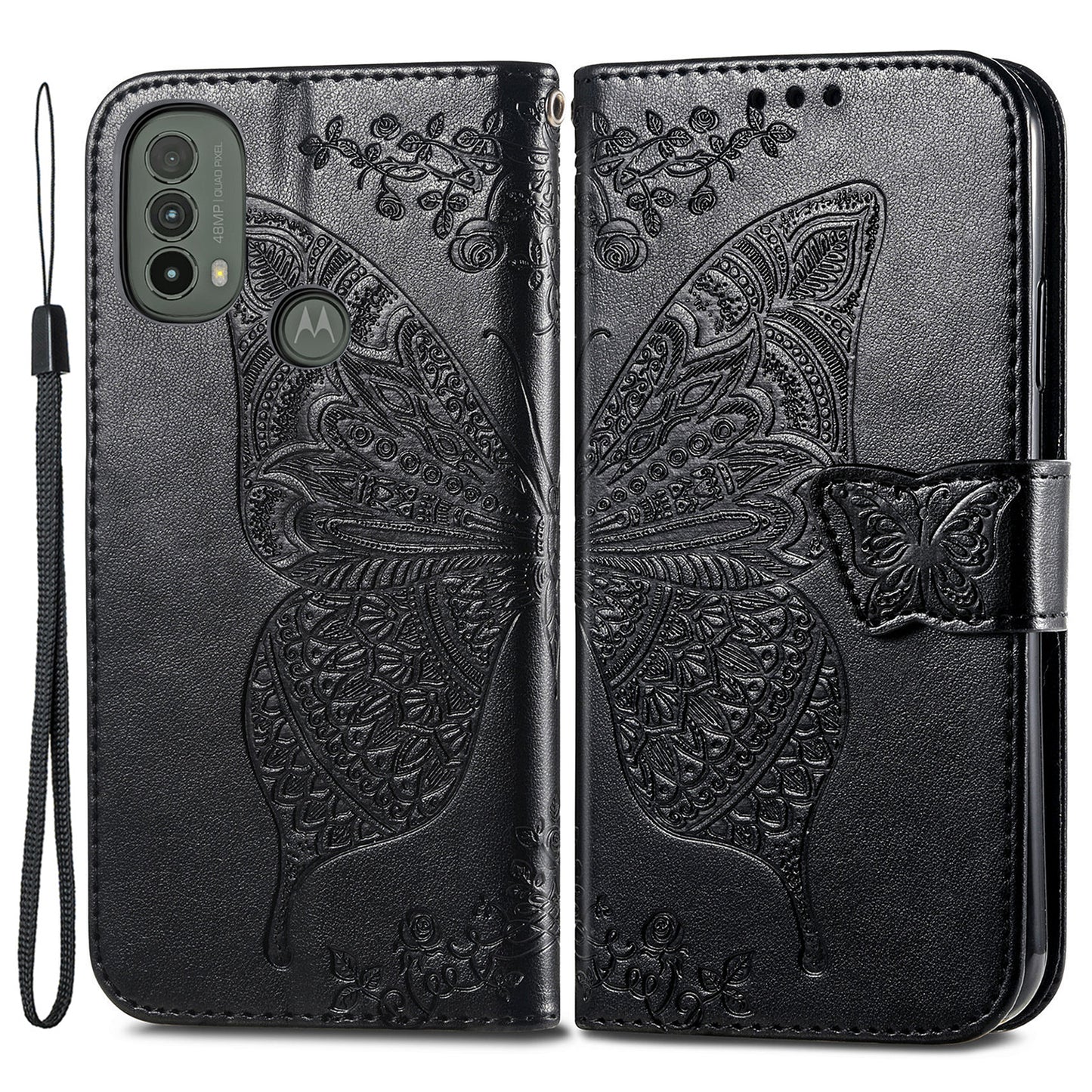 Imprinted Butterfly Flower Pattern Scratch-resistant Fashionable PU Leather + TPU Shockproof Phone Case Flip Stand Cover with Strap for Motorola Moto E30 / E40