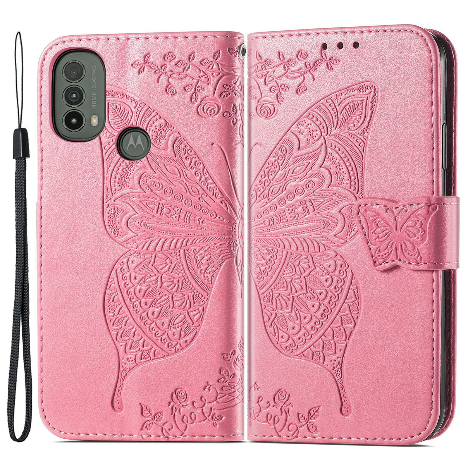 Imprinted Butterfly Flower Pattern Scratch-resistant Fashionable PU Leather + TPU Shockproof Phone Case Flip Stand Cover with Strap for Motorola Moto E30 / E40