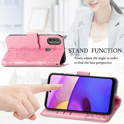 Imprinted Butterfly Flower Pattern Scratch-resistant Fashionable PU Leather + TPU Shockproof Phone Case Flip Stand Cover with Strap for Motorola Moto E30 / E40