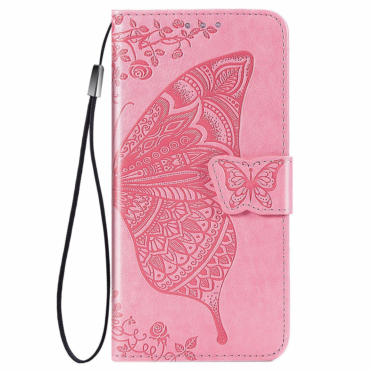 Imprinted Butterfly Flower Pattern Scratch-resistant Fashionable PU Leather + TPU Shockproof Phone Case Flip Stand Cover with Strap for Motorola Moto E30 / E40