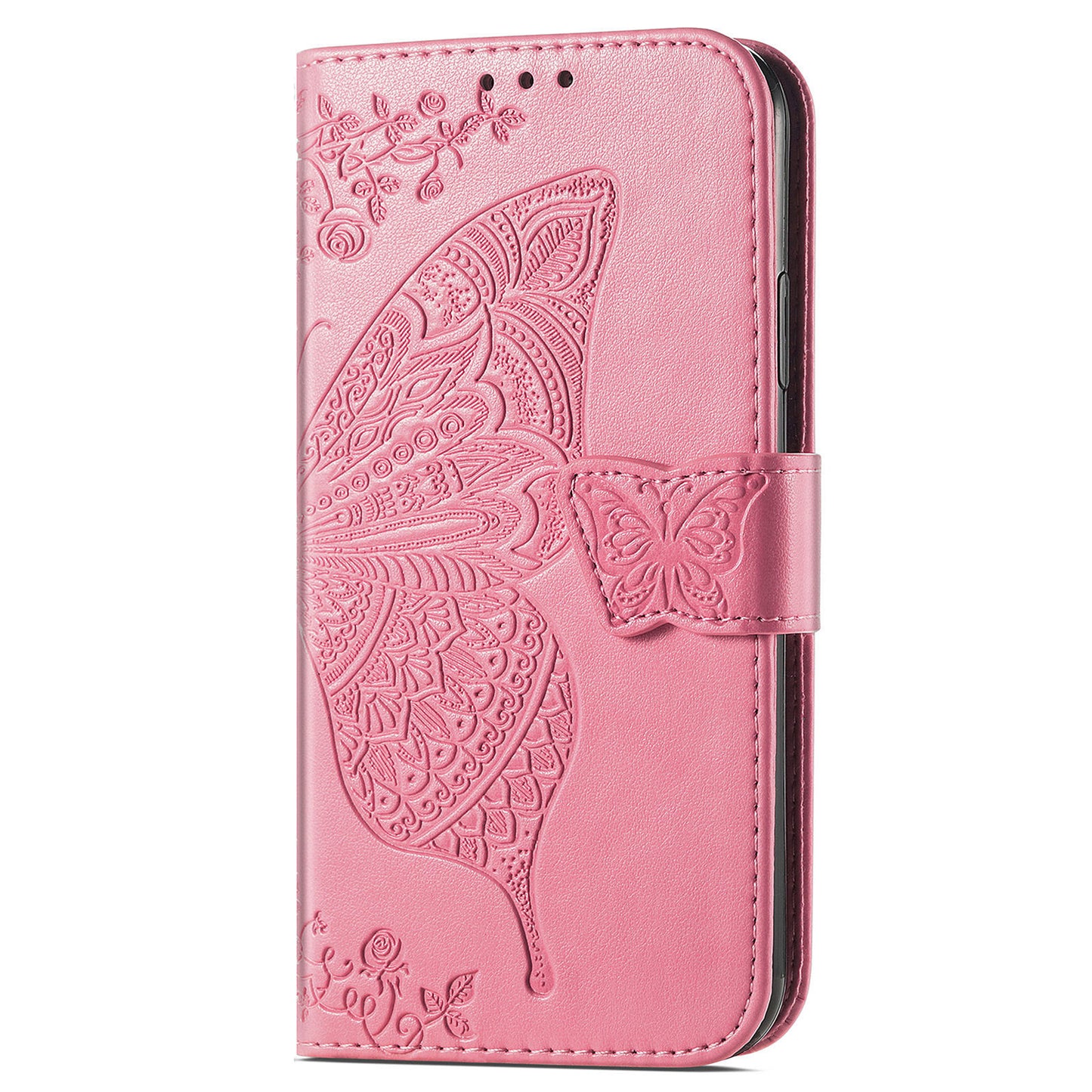 Imprinted Butterfly Flower Pattern Scratch-resistant Fashionable PU Leather + TPU Shockproof Phone Case Flip Stand Cover with Strap for Motorola Moto E30 / E40