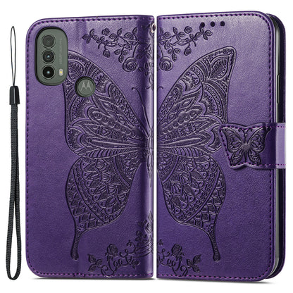 Imprinted Butterfly Flower Pattern Scratch-resistant Fashionable PU Leather + TPU Shockproof Phone Case Flip Stand Cover with Strap for Motorola Moto E30 / E40