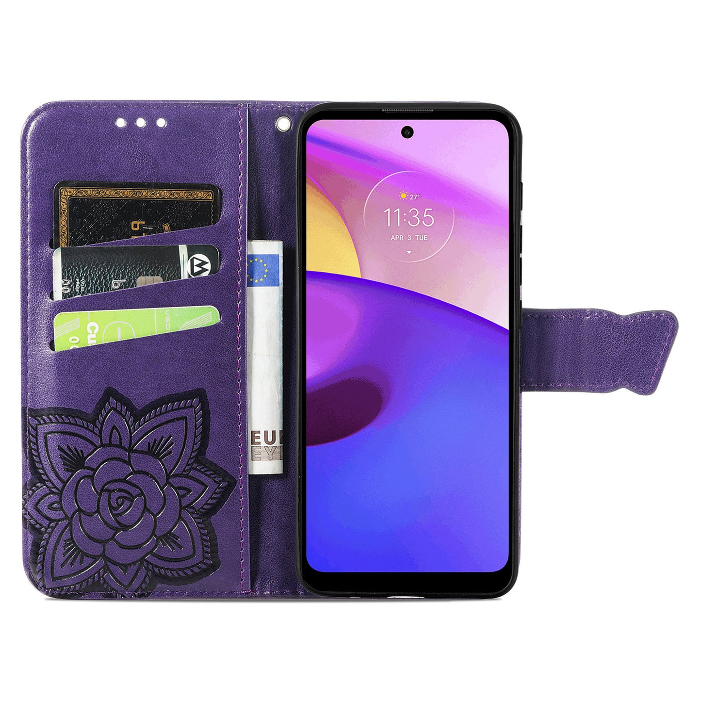 Imprinted Butterfly Flower Pattern Scratch-resistant Fashionable PU Leather + TPU Shockproof Phone Case Flip Stand Cover with Strap for Motorola Moto E30 / E40