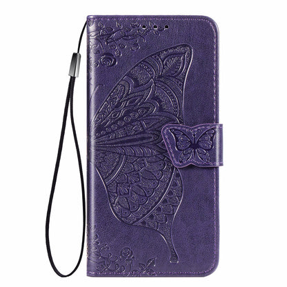 Imprinted Butterfly Flower Pattern Scratch-resistant Fashionable PU Leather + TPU Shockproof Phone Case Flip Stand Cover with Strap for Motorola Moto E30 / E40