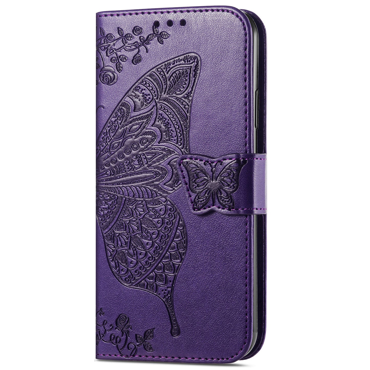 Imprinted Butterfly Flower Pattern Scratch-resistant Fashionable PU Leather + TPU Shockproof Phone Case Flip Stand Cover with Strap for Motorola Moto E30 / E40