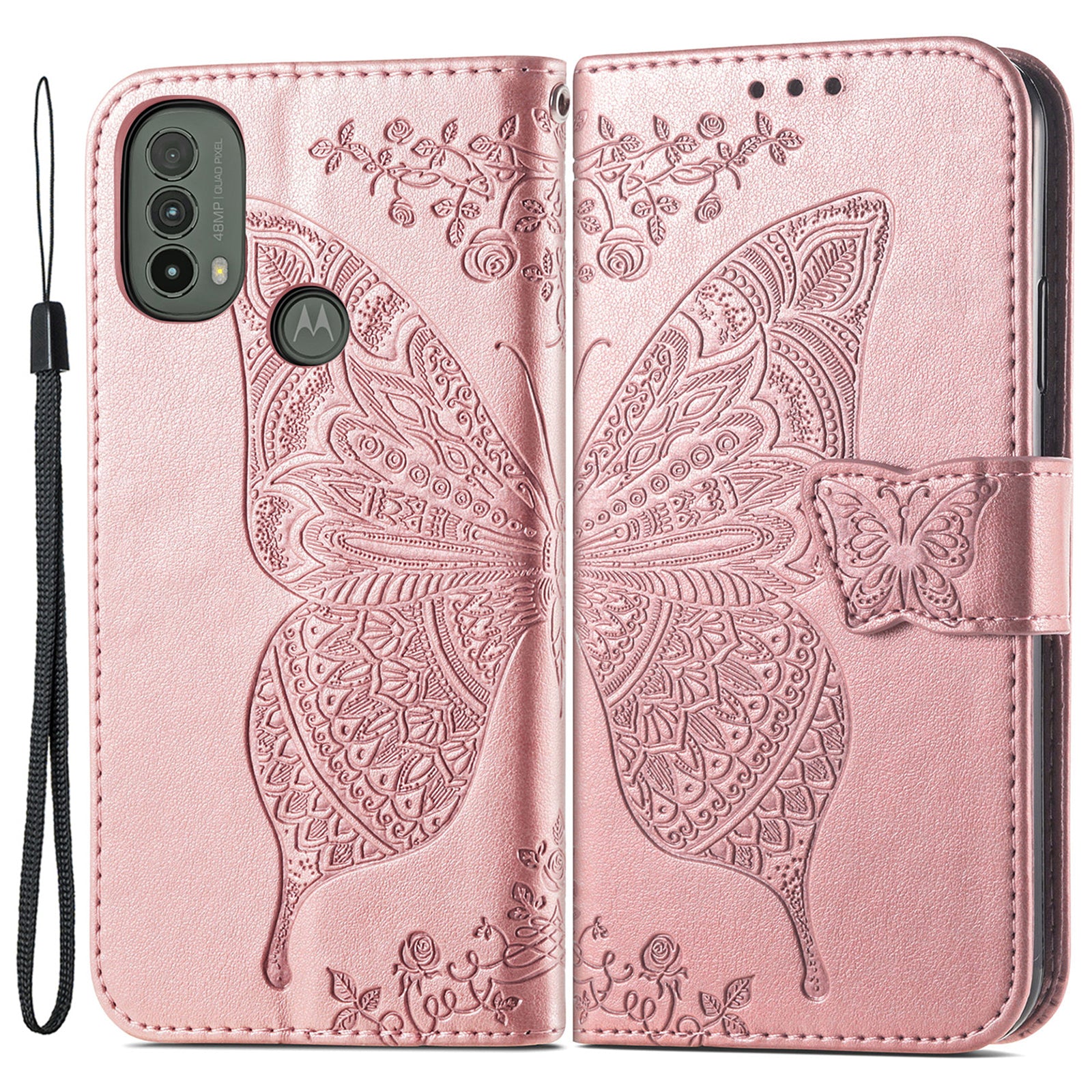 Imprinted Butterfly Flower Pattern Scratch-resistant Fashionable PU Leather + TPU Shockproof Phone Case Flip Stand Cover with Strap for Motorola Moto E30 / E40