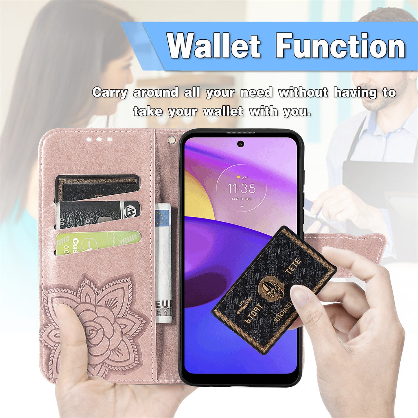 Imprinted Butterfly Flower Pattern Scratch-resistant Fashionable PU Leather + TPU Shockproof Phone Case Flip Stand Cover with Strap for Motorola Moto E30 / E40