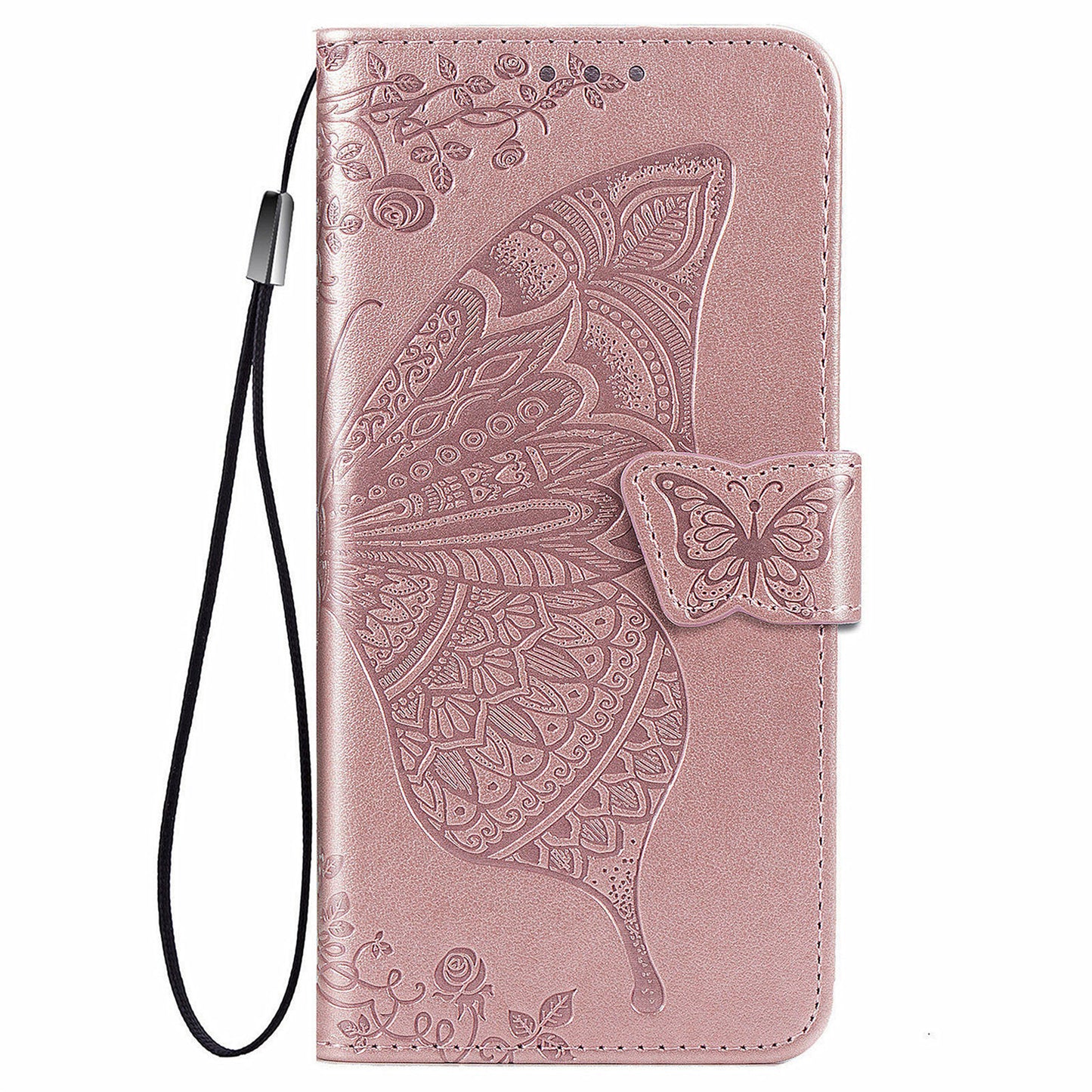 Imprinted Butterfly Flower Pattern Scratch-resistant Fashionable PU Leather + TPU Shockproof Phone Case Flip Stand Cover with Strap for Motorola Moto E30 / E40