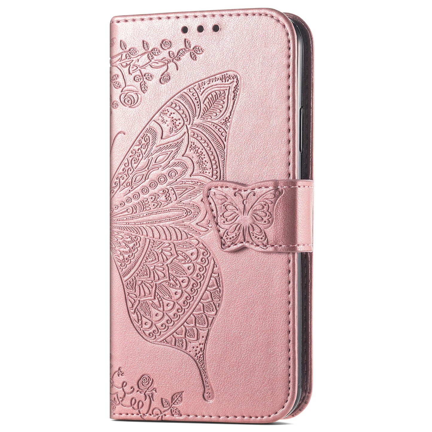 Imprinted Butterfly Flower Pattern Scratch-resistant Fashionable PU Leather + TPU Shockproof Phone Case Flip Stand Cover with Strap for Motorola Moto E30 / E40