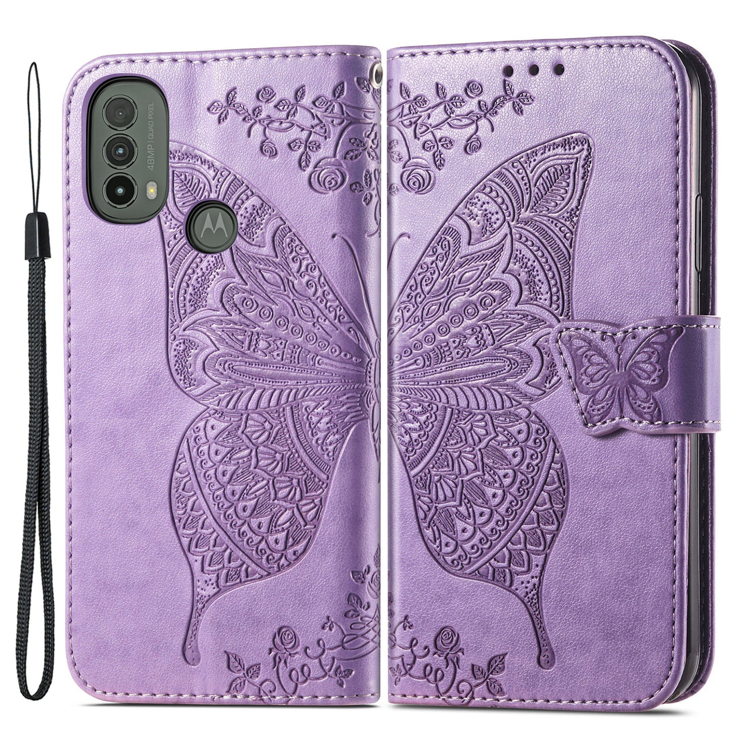 Imprinted Butterfly Flower Pattern Scratch-resistant Fashionable PU Leather + TPU Shockproof Phone Case Flip Stand Cover with Strap for Motorola Moto E30 / E40